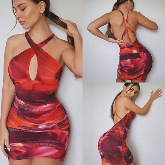 Oh Polly Out Of This World Red Orange Ombré Ruched Bodycon Mini Dress 4 NEW Tags - Picture 1 of 12